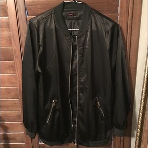 This is a black satin bomber jacket.